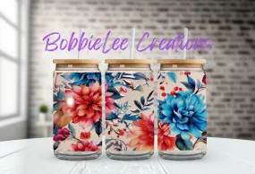 16oz Glass or Plastic Cup-Blue & Coral Floral