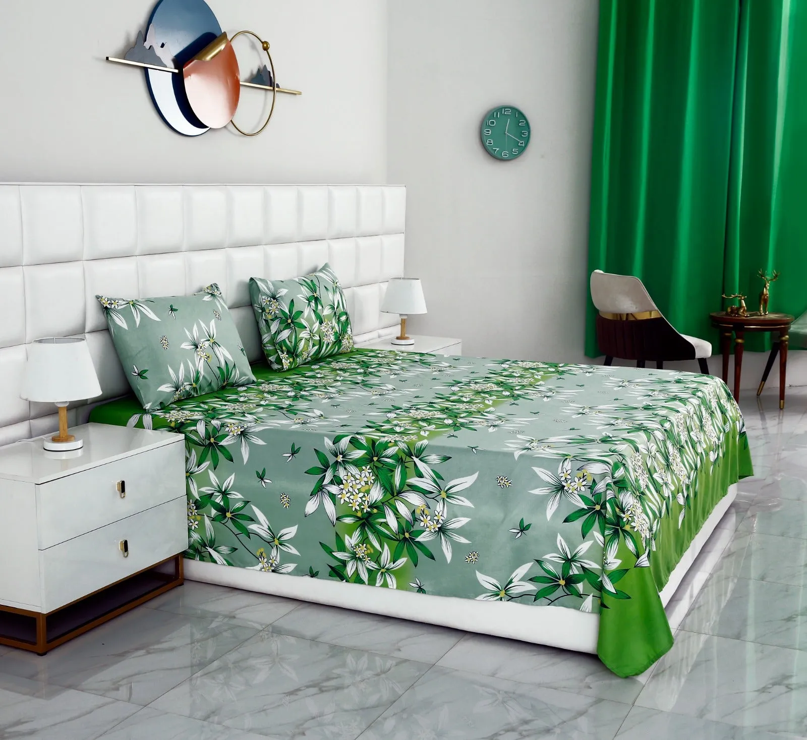 3 PCs Double Bed Sheet -Green Gold