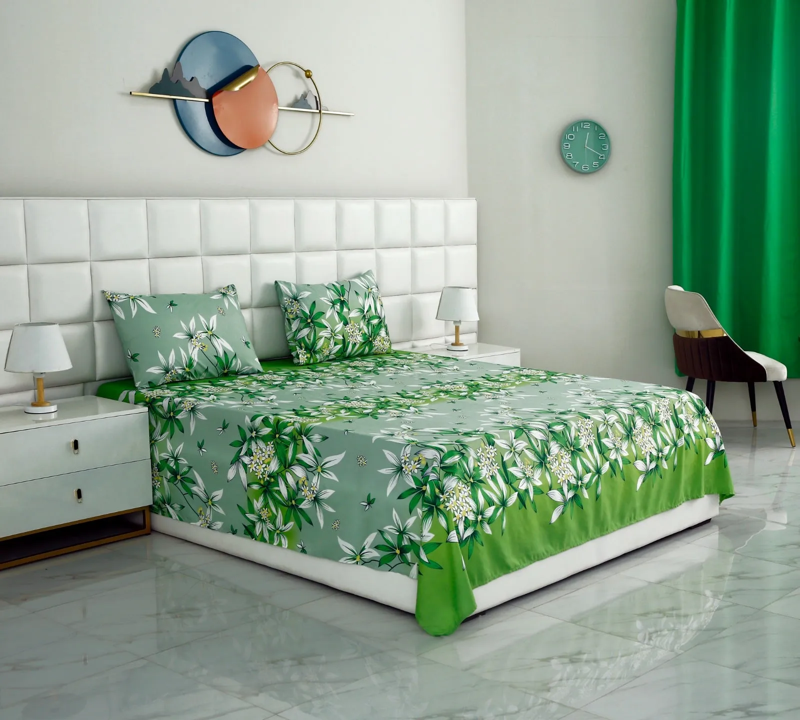 3 PCs Double Bed Sheet -Green Gold