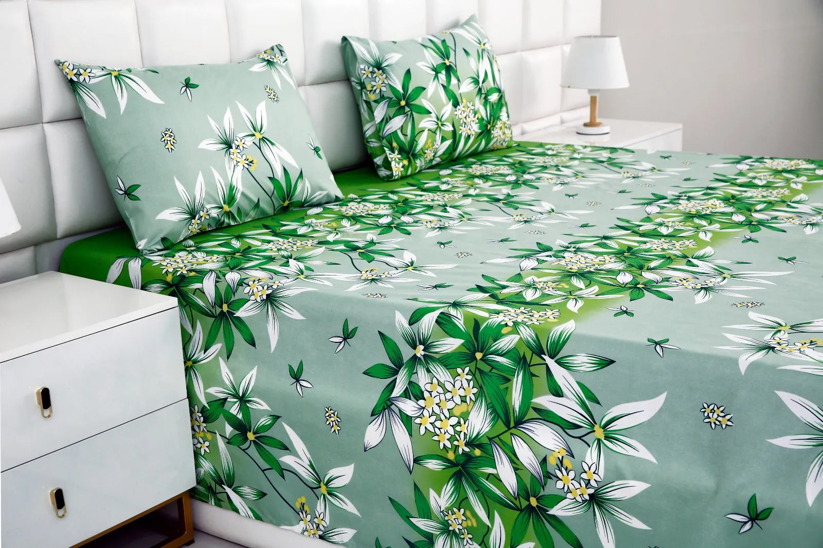 3 PCs Double Bed Sheet -Green Gold