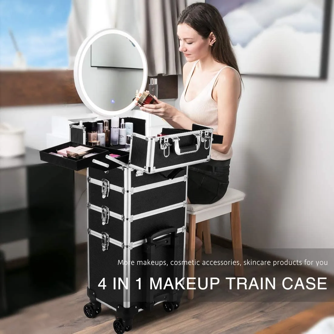 4 in 1 Makeup Rolling Train Case Aluminum Trolley Cosmetic Organizer Box with Shoulder Straps 2 Keys Black(Cosmetic are not included)