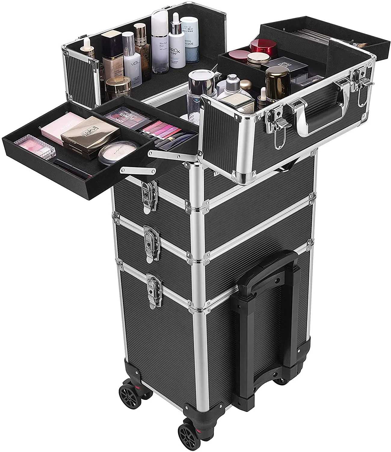 4 in 1 Makeup Rolling Train Case Aluminum Trolley Cosmetic Organizer Box with Shoulder Straps 2 Keys Black(Cosmetic are not included)