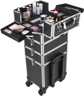 4 in 1 Makeup Rolling Train Case Aluminum Trolley Cosmetic Organizer Box with Shoulder Straps 2 Keys Black(Cosmetic are not included)