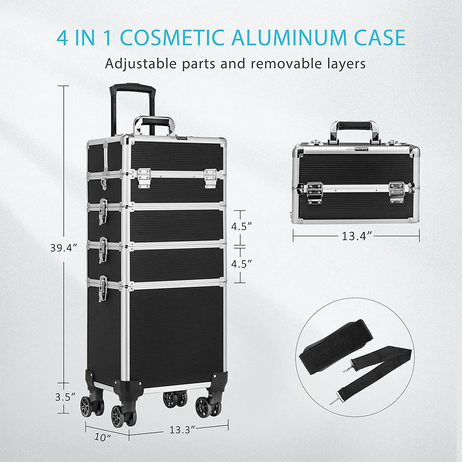 4 in 1 Makeup Rolling Train Case Aluminum Trolley Cosmetic Organizer Box with Shoulder Straps 2 Keys Black(Cosmetic are not included)