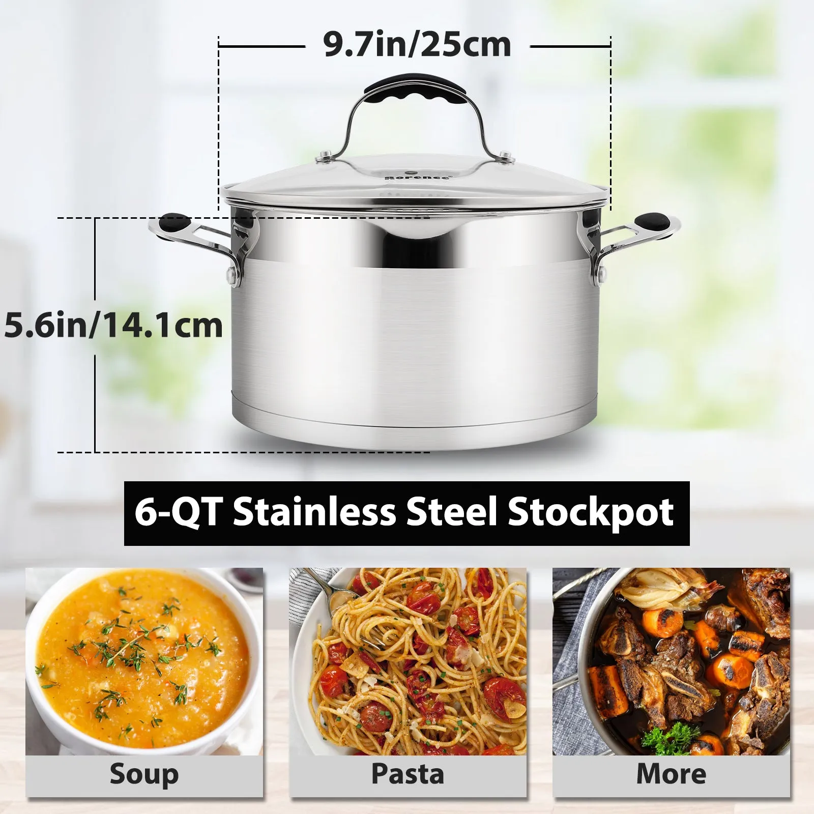 6 QT Stainless Steel Stockpot, Large Stock pot with Silicone Coated Handles and Pout Spouts