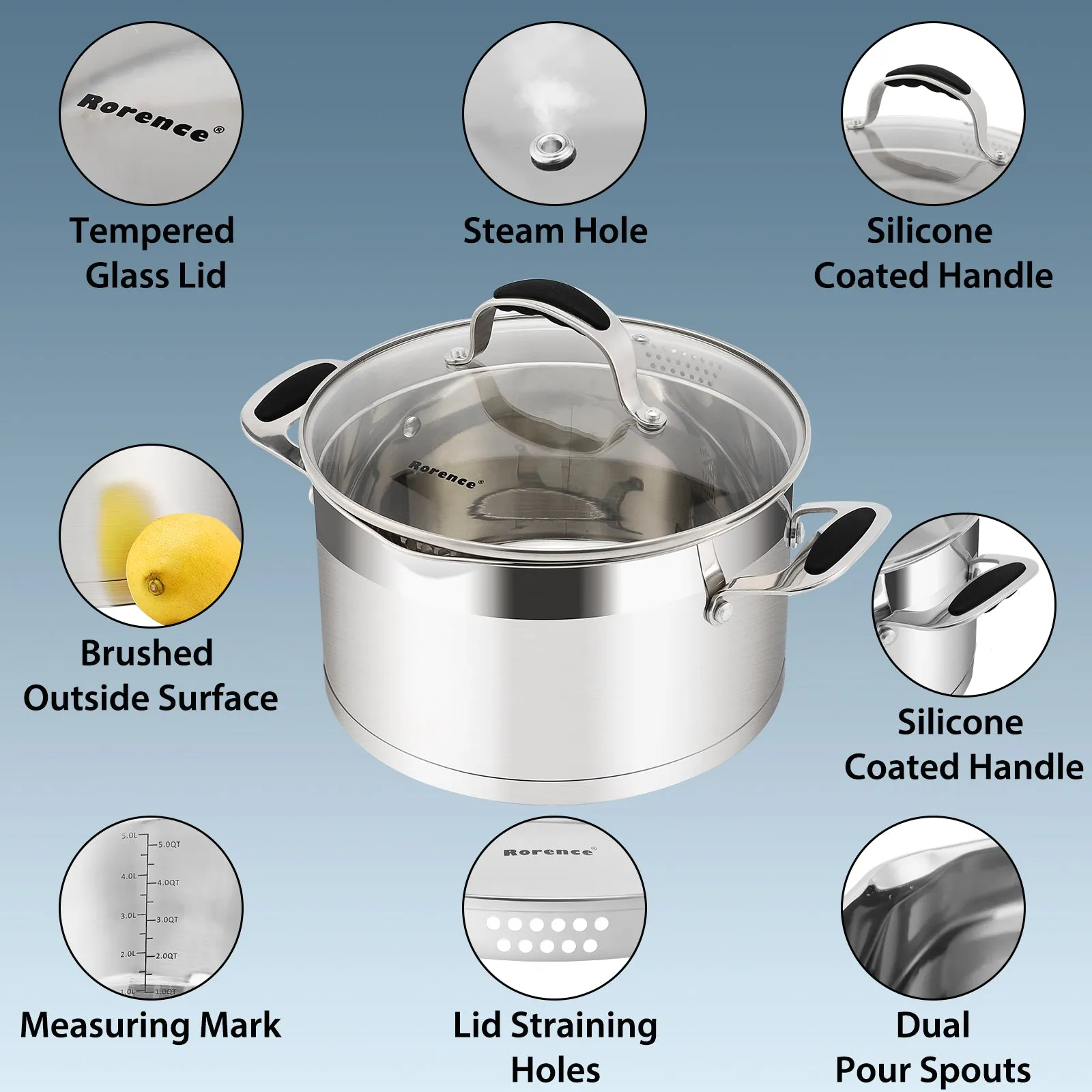 6 QT Stainless Steel Stockpot, Large Stock pot with Silicone Coated Handles and Pout Spouts