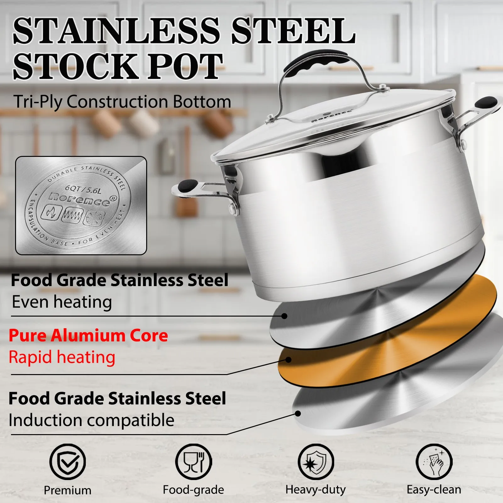 6 QT Stainless Steel Stockpot, Large Stock pot with Silicone Coated Handles and Pout Spouts