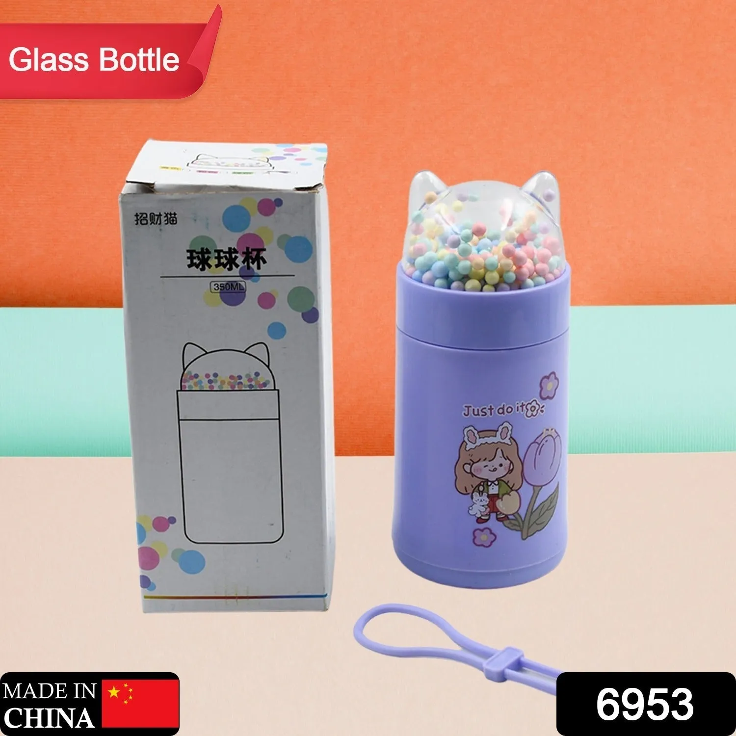 6953 Girl Glass Water Bottle for School with Kid Sparkle Strap Cat Lid Sequins Glitter Glass Cup Birthday Gift Children 350ml (MOQ :- 80 pc)