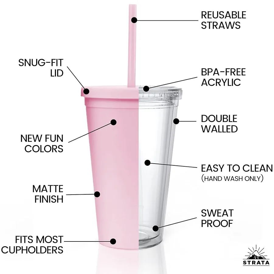 Acrylic Drinking Tumbler 600ml Pastel Colored Matte Finish Cup & Straw