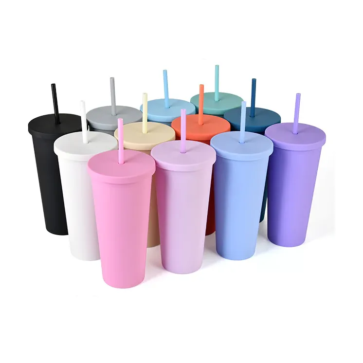 Acrylic Drinking Tumbler 600ml Pastel Colored Matte Finish Cup & Straw