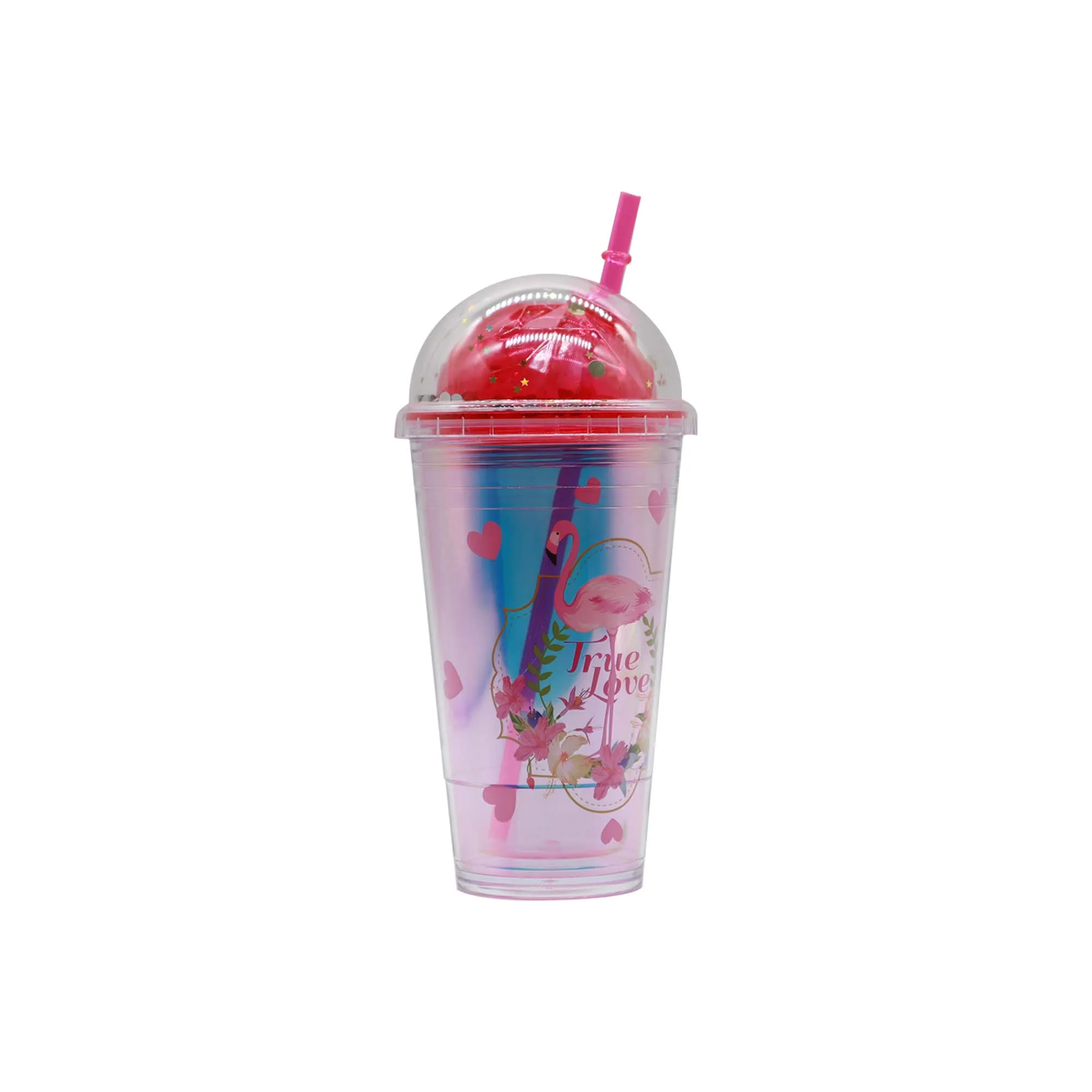 Acrylic Smoothie Tumbler 450ml with Straw Double Wall Flamingo