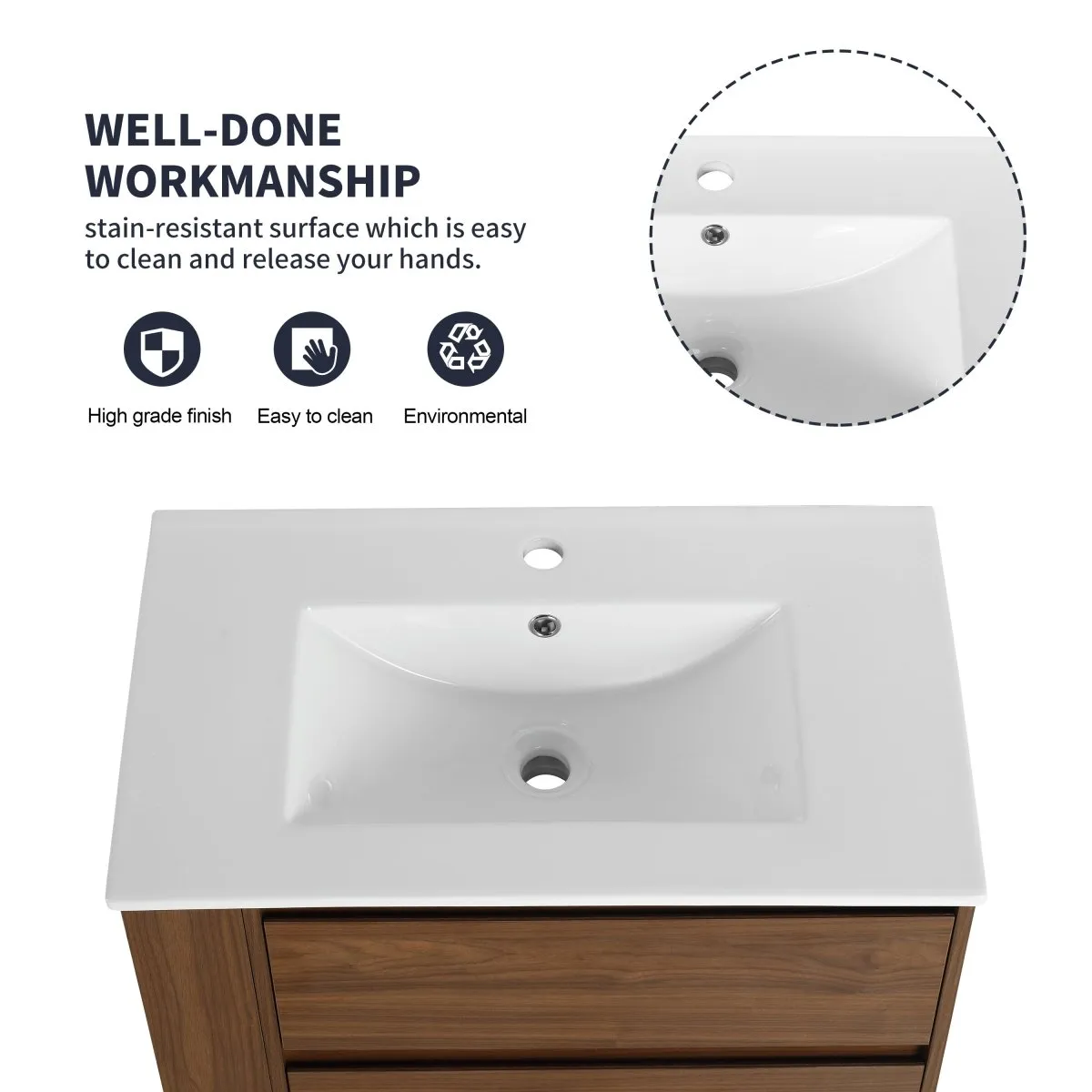 Allsumhome 30" Wall Mounting Floating Bathroom Vanity With Ceramic Sink,Brown Oak Finish,2-Soft Close Drawer