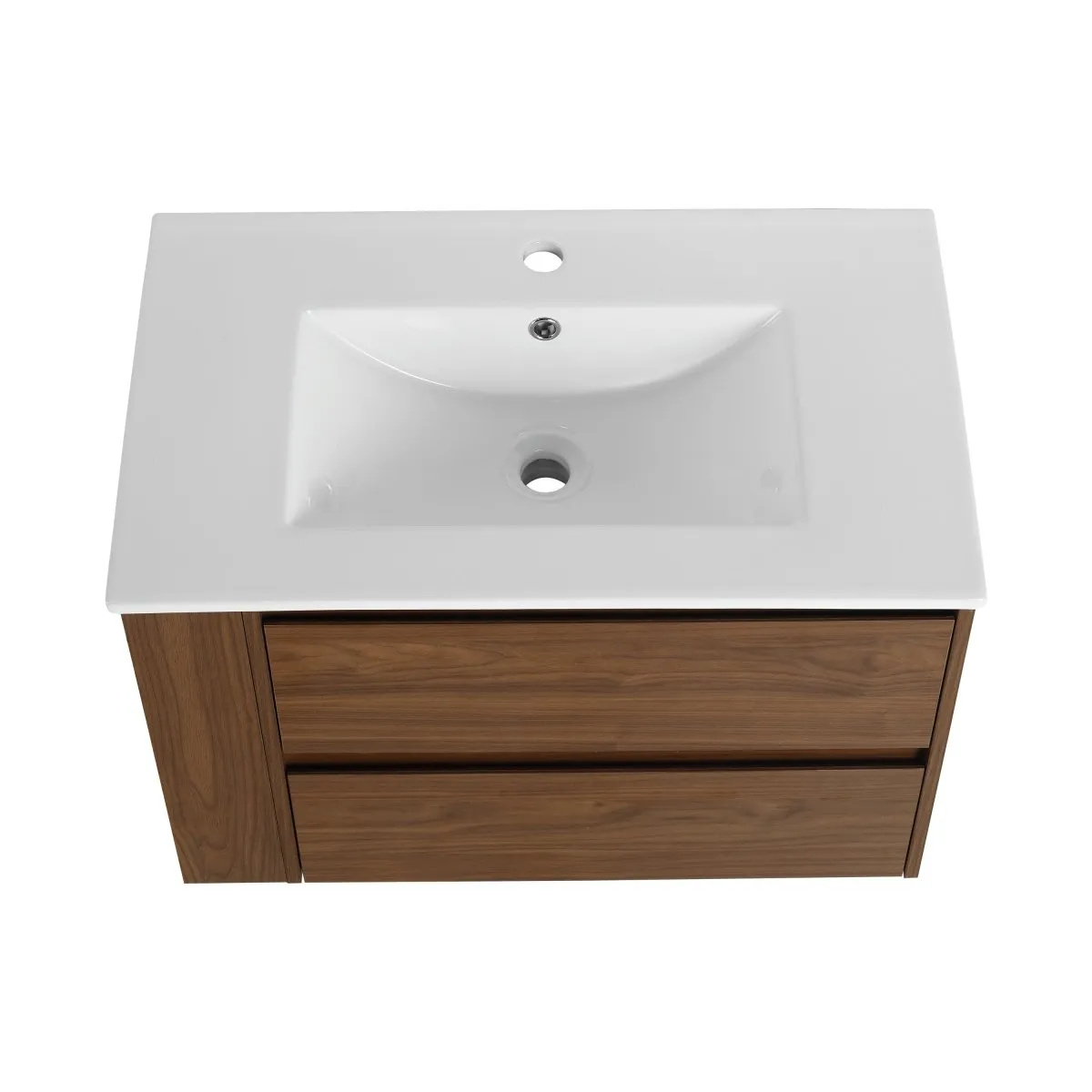 Allsumhome 30" Wall Mounting Floating Bathroom Vanity With Ceramic Sink,Brown Oak Finish,2-Soft Close Drawer