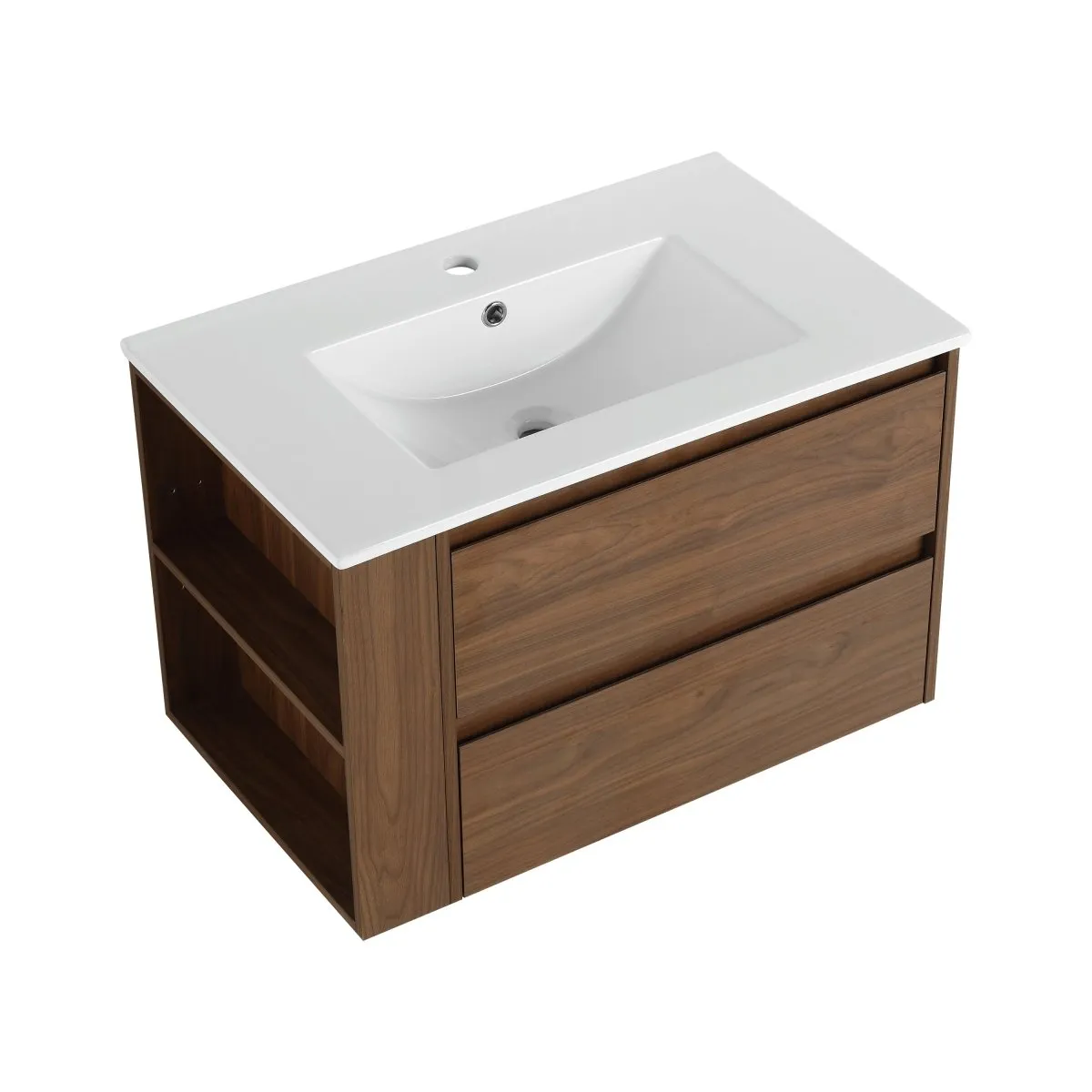 Allsumhome 30" Wall Mounting Floating Bathroom Vanity With Ceramic Sink,Brown Oak Finish,2-Soft Close Drawer