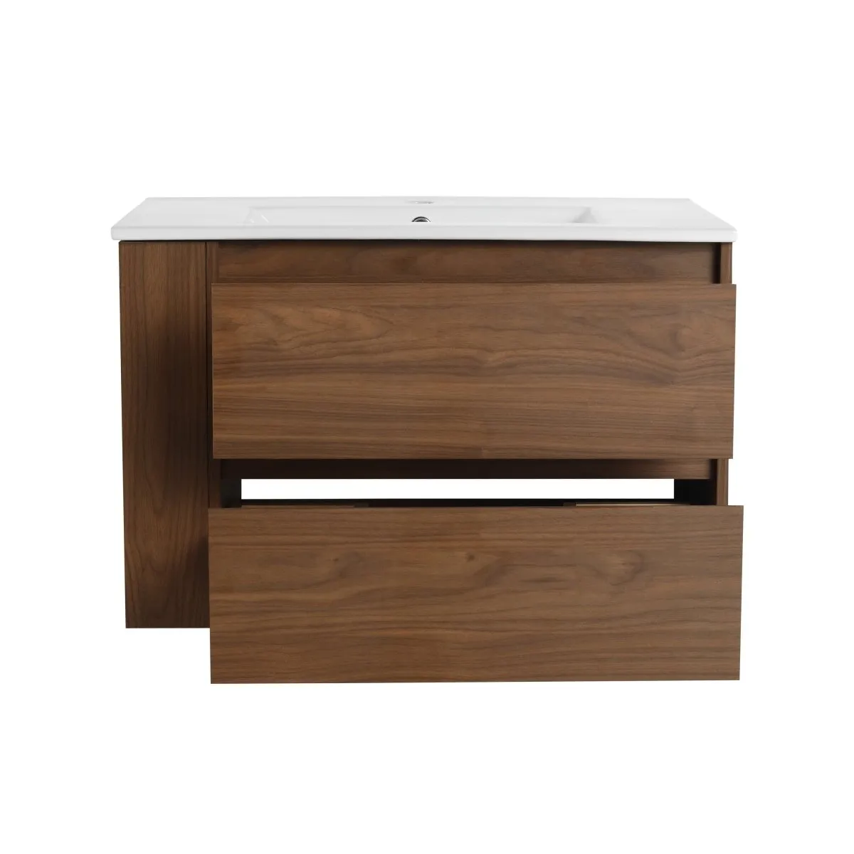 Allsumhome 30" Wall Mounting Floating Bathroom Vanity With Ceramic Sink,Brown Oak Finish,2-Soft Close Drawer