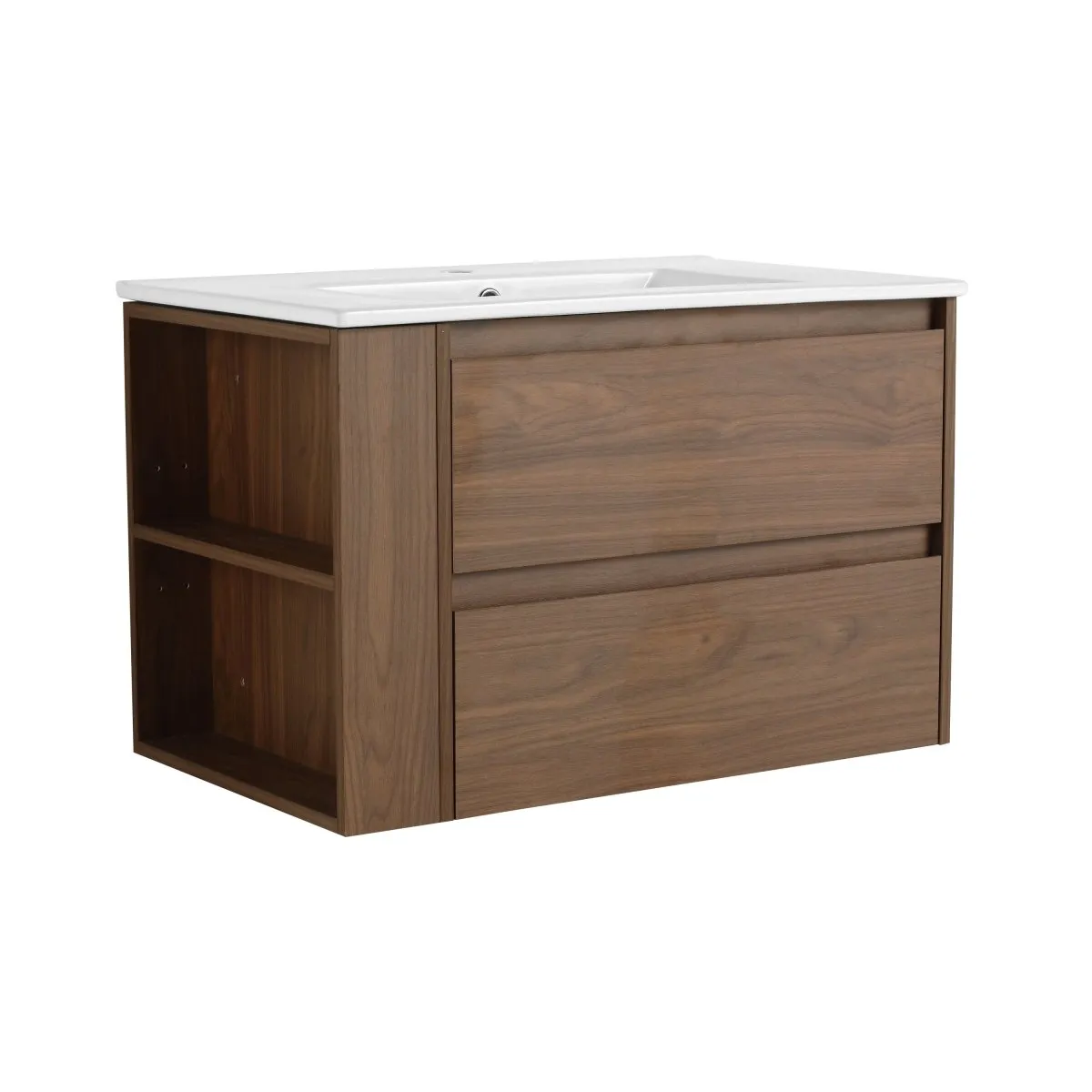 Allsumhome 30" Wall Mounting Floating Bathroom Vanity With Ceramic Sink,Brown Oak Finish,2-Soft Close Drawer