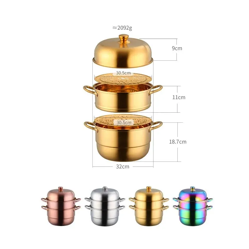 Anygleam Food Steamer Gold Three Layer Thick Stainless Steel Universal Cooking for Induction Cooker Gas Stove Steam Pot