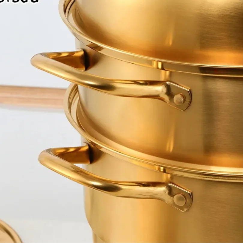 Anygleam Food Steamer Gold Three Layer Thick Stainless Steel Universal Cooking for Induction Cooker Gas Stove Steam Pot