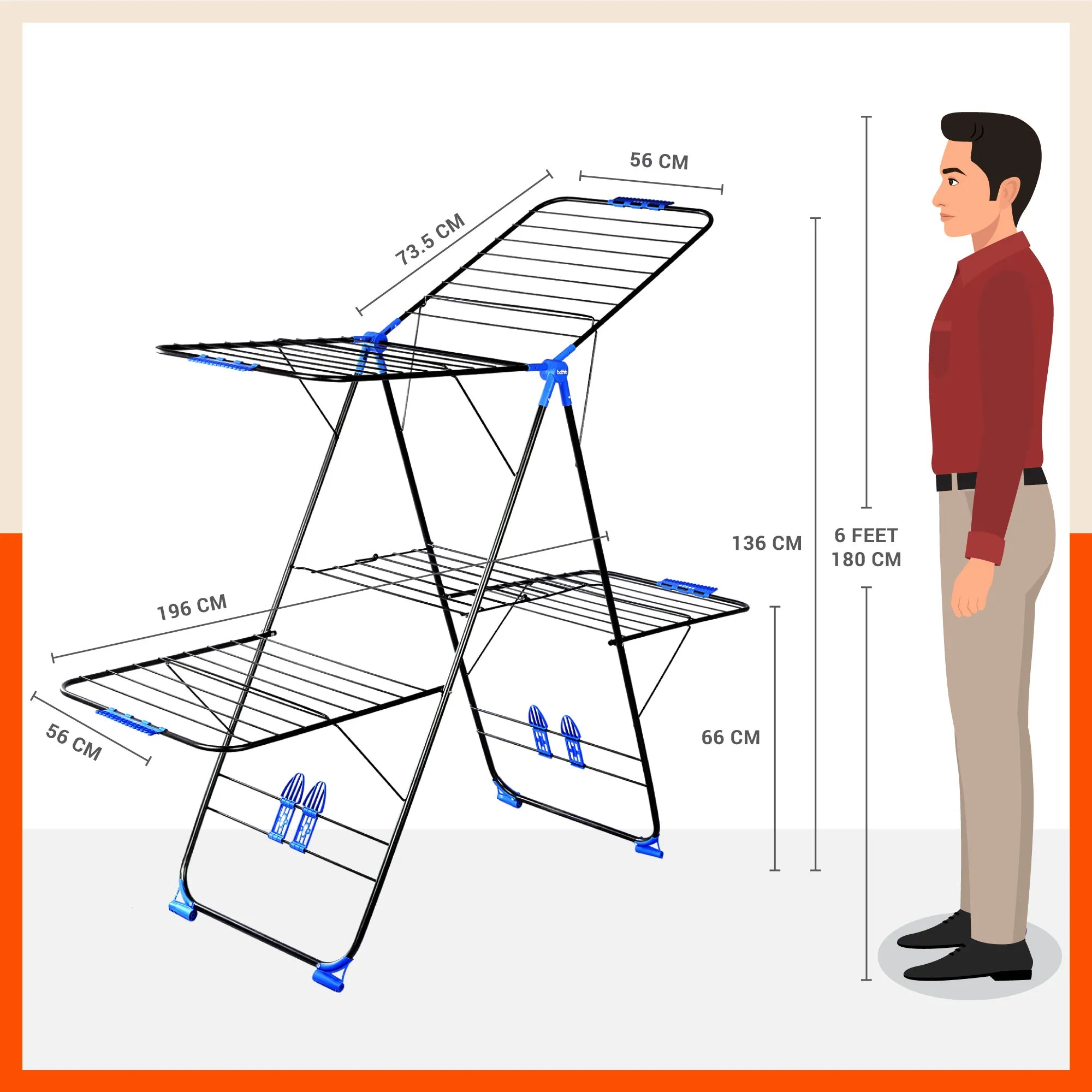 Bathla Mobidry Neo  2-Level Foldable Cloth Drying Stand for Home (Black & Blue - XL)