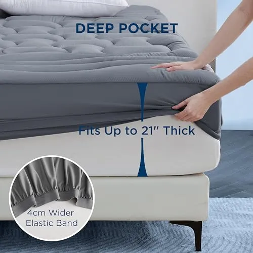 Bedsure Twin Mattress Pad Waterproof - Thick Quilted Fitted Mattress Protector with 8-21" Deep Pocket, Soft Mattress Topper for Twin Size Bed, Breathable Mattress Cover Padded, 39x75 Inches, Grey