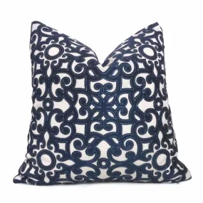 (CLEARANCE) Dark Blue Cream Scrollwork Motif Applique Embroidered Pillow Cover