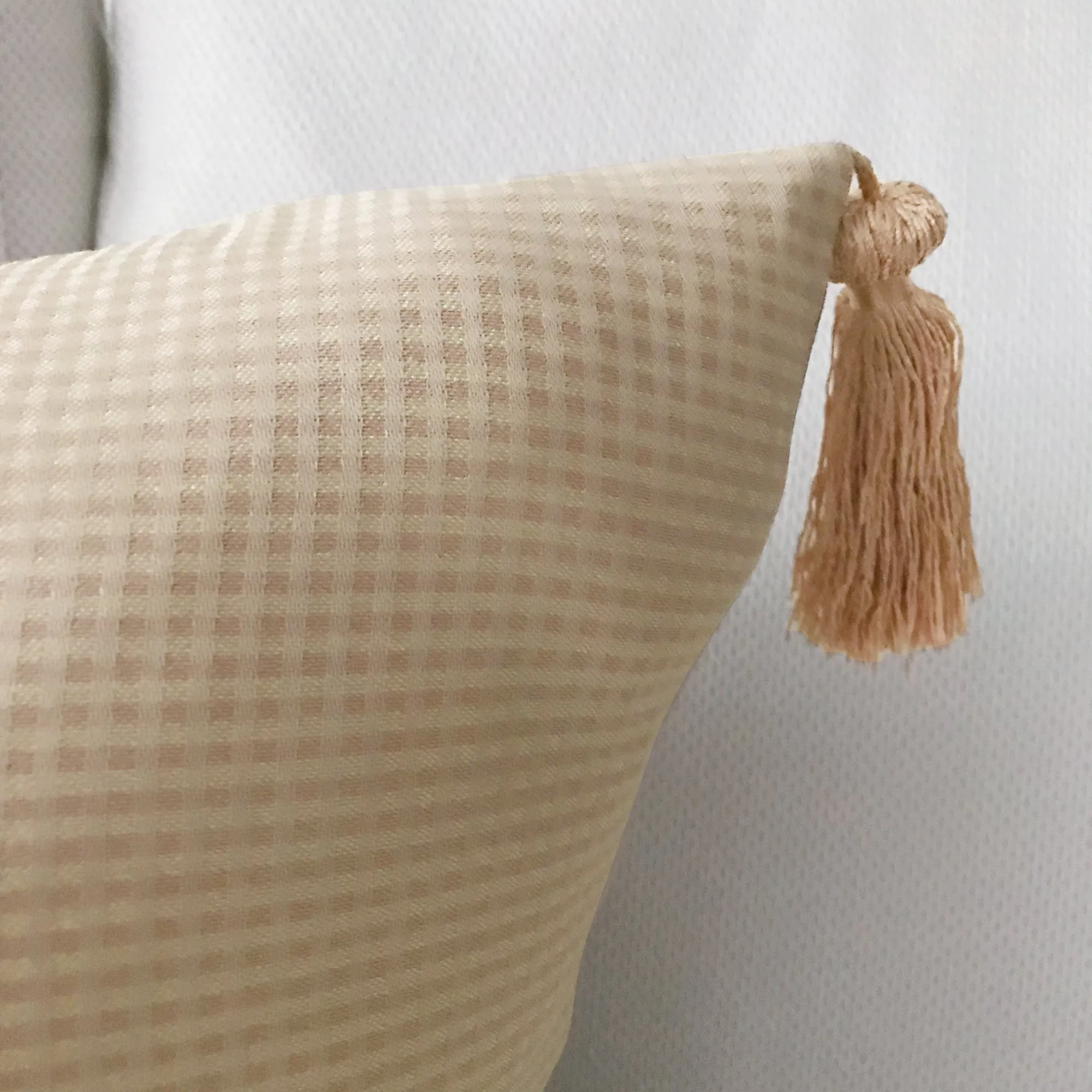 Cream Blush Gingham Throw Pillow Cover with Tassels 18x18