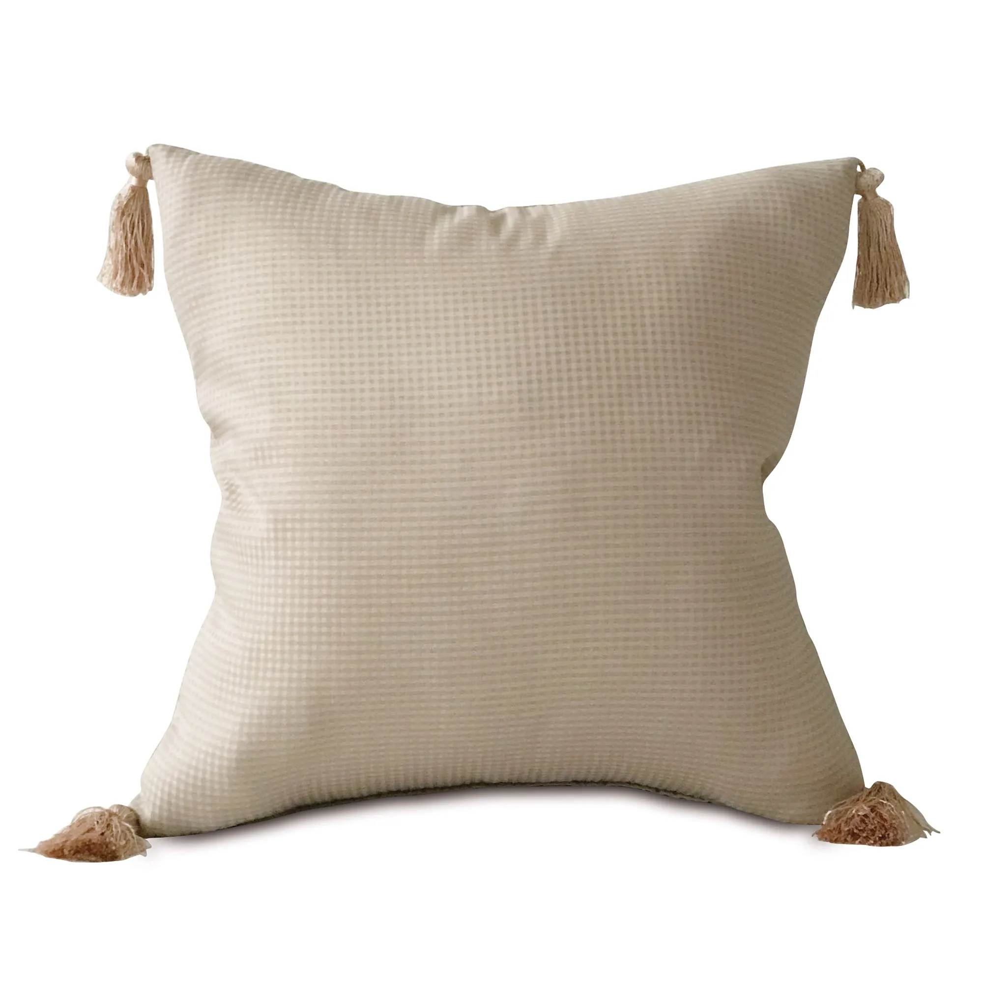 Cream Blush Gingham Throw Pillow Cover with Tassels 18x18