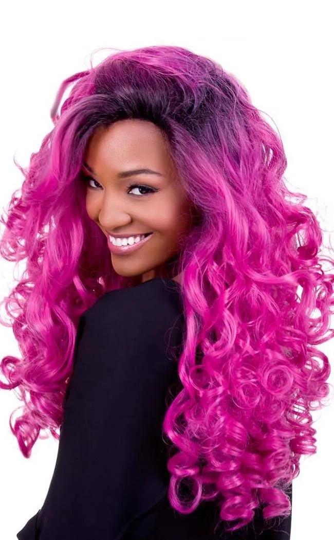 Curly Dark Roots Fuchsia Rose Lace Front Wig