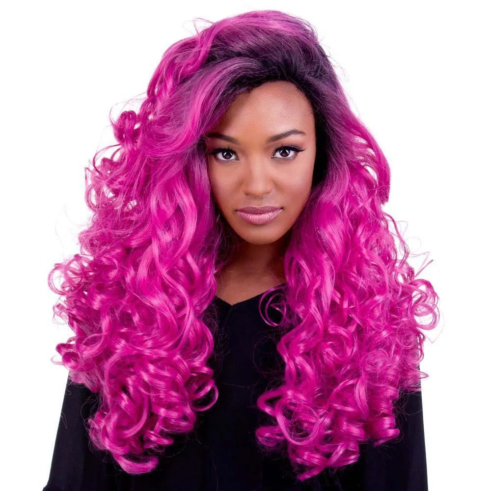 Curly Dark Roots Fuchsia Rose Lace Front Wig