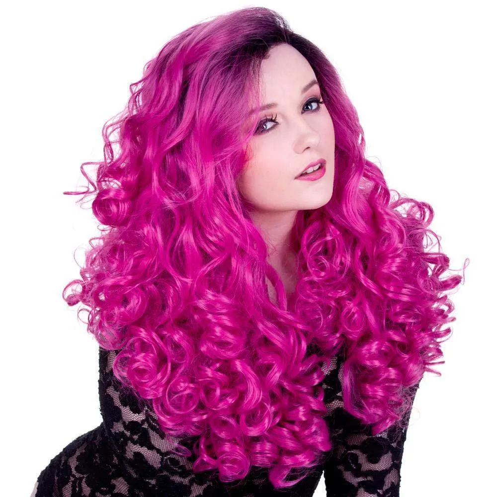 Curly Dark Roots Fuchsia Rose Lace Front Wig