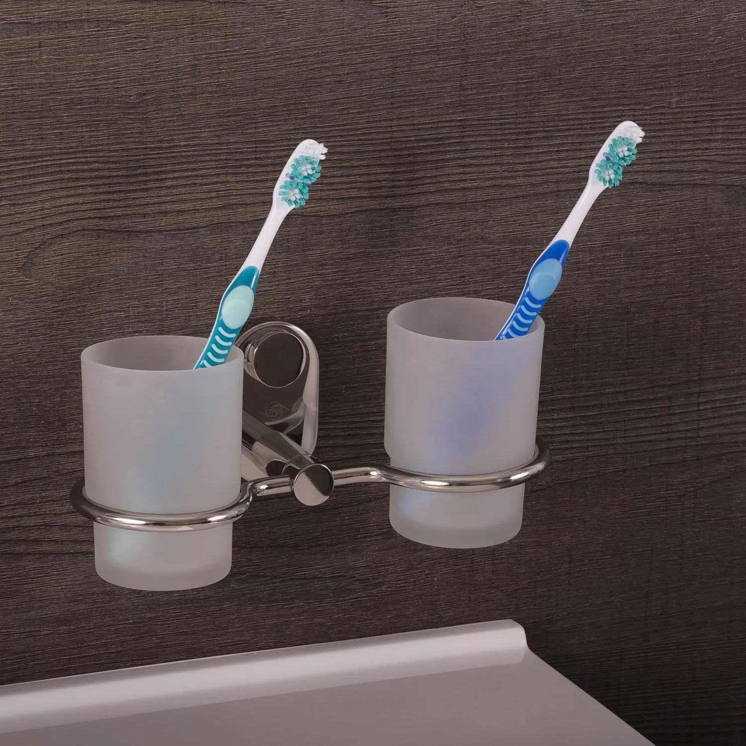 DAX Bathroom Double Tumbler Toothbrush Holder, Wall Mount Stainless Steel with Glass Cup, Polish Finish, 8-1/4 x 3-3/4 x 4-1/8 Inches (DAX-G0214-P)