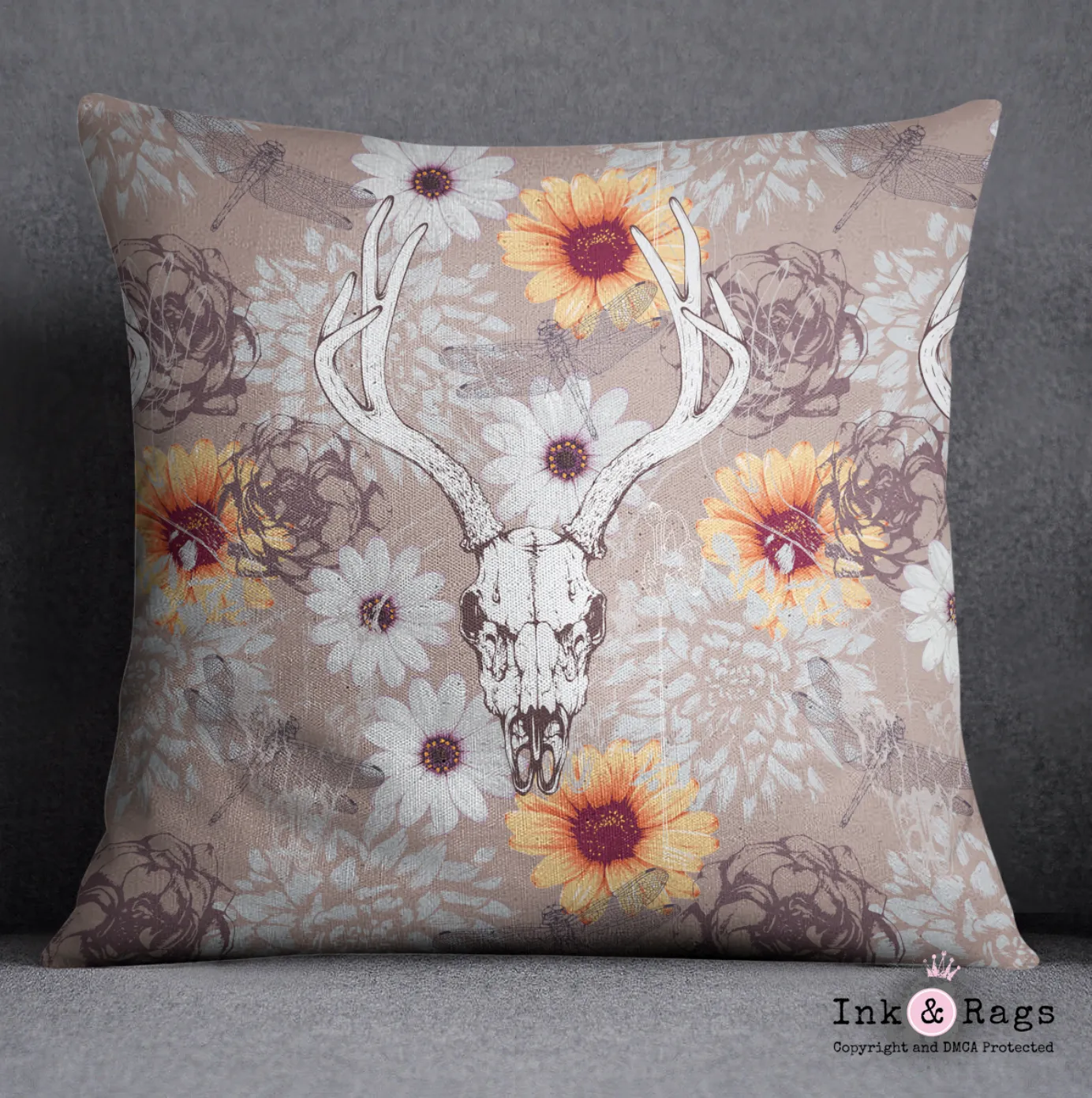 Deer Skull & Daisy Throw Pillow