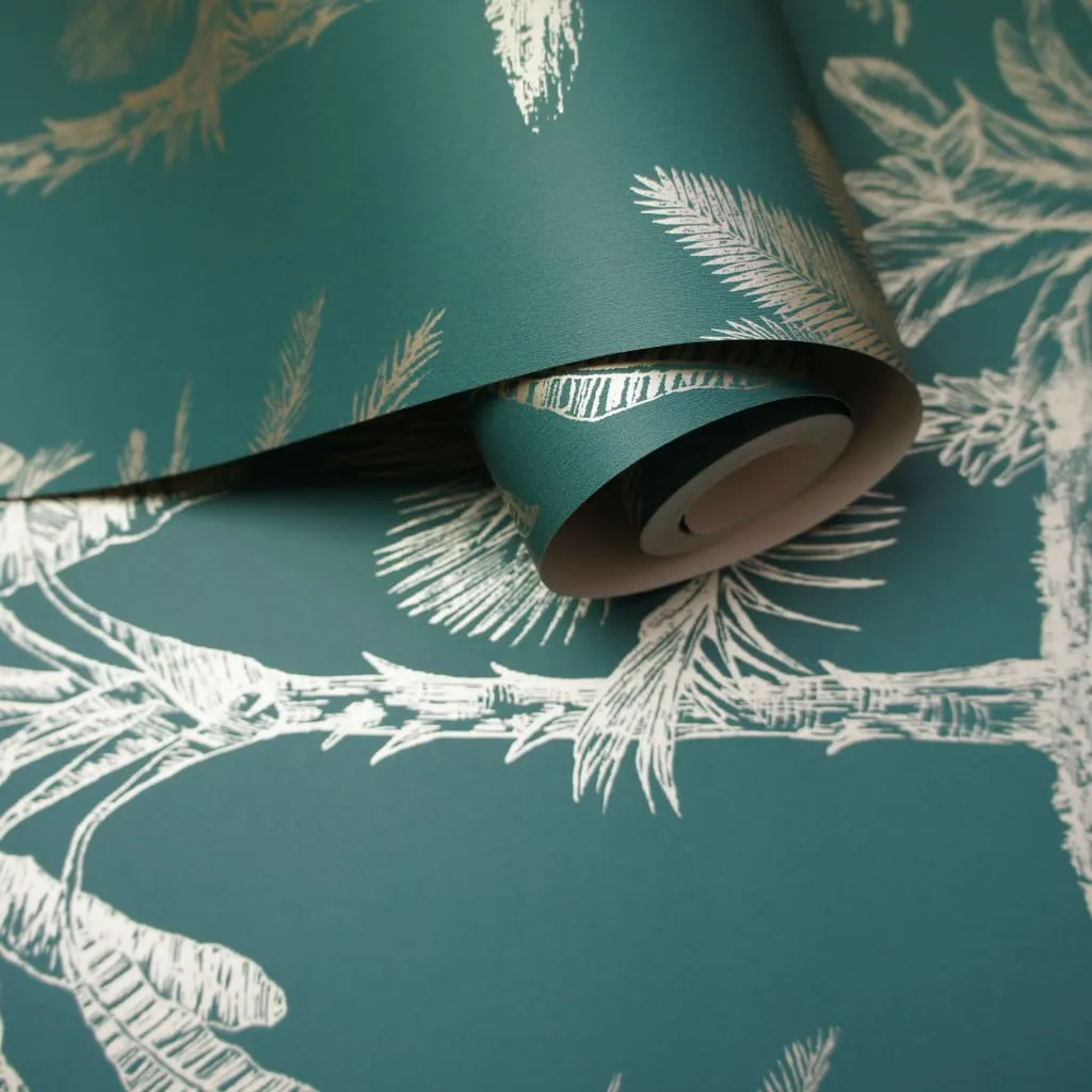 DUTCH WALLCOVERINGS Wallpaper Tropical Trees Teal and Silver