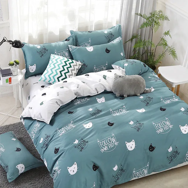 Duvet Cover Sheet Pillow Case Lovely Kitty Bedding Set