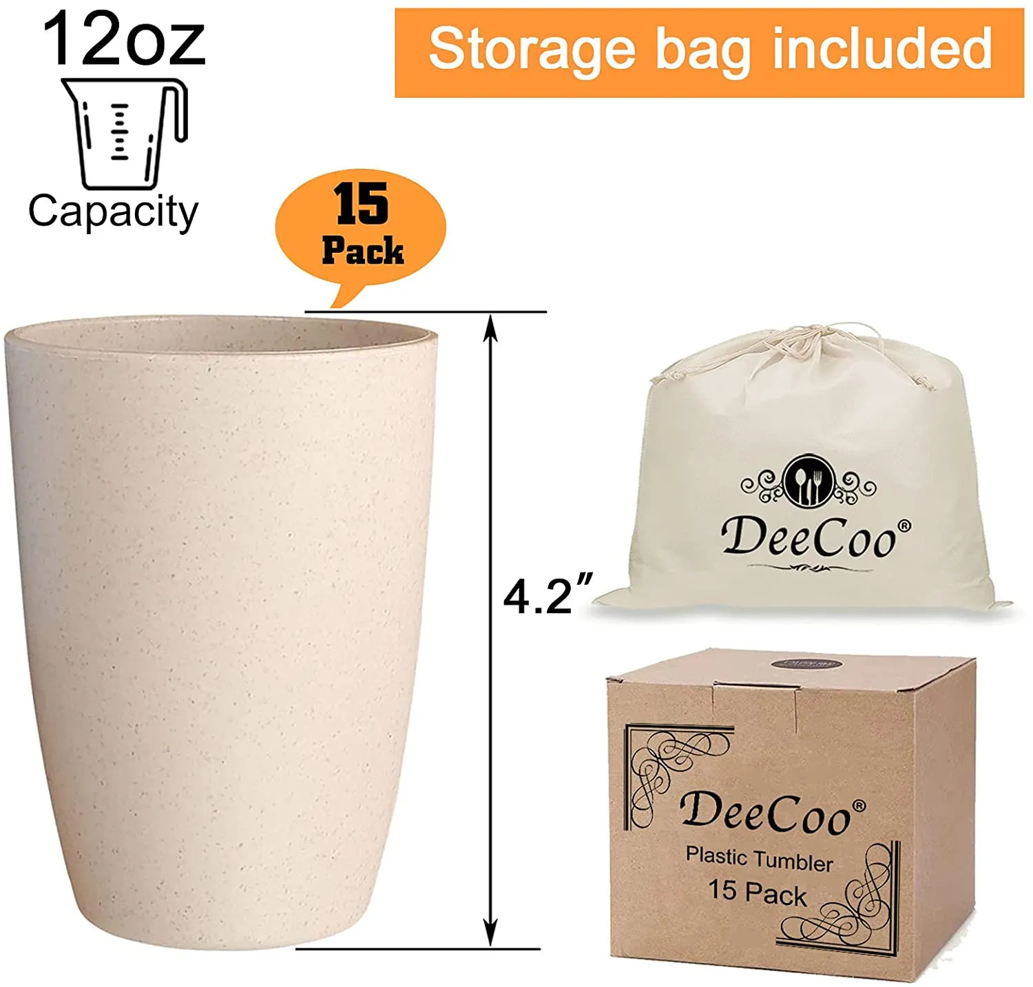 Eco-friendly Unbreakable Reusable Drinking Cup 12 OZ 15 Pack Wheat Straw Stackable, Biodegradable Healthy Tumbler Set, Dishwasher Safe