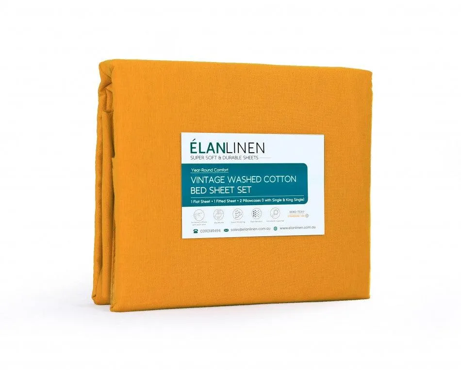 Elan Linen 100% Egyptian Cotton Vintage Washed 500TC Mustard Single Bed Sheets Set