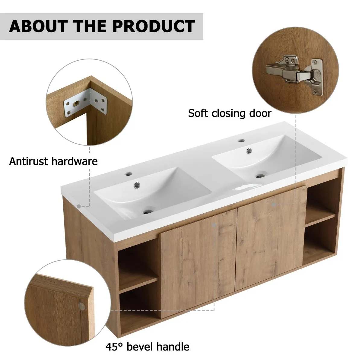 ExBrite 48"  Wall Mounted Bathroom Vanity With Double Sink,Soft Closing Door Hinge,Wooden