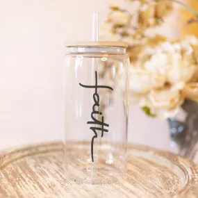 Faith Coffee Cup - Iced Coffee Glass with Minimalist Design - Christian Gifts for Her - Christian Tumbler - Smoothie Cup 16oz