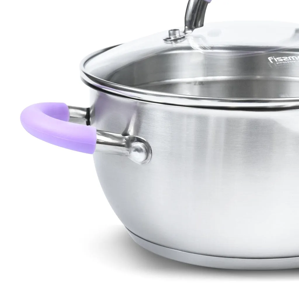 Fissman Stockpot Annette Series 18/10 Inox304 Stainless Steel With Clear Glass Lid. Pouring Lip Strainer With Silicone Handles Silver/Purple 18x9cm/2LTR