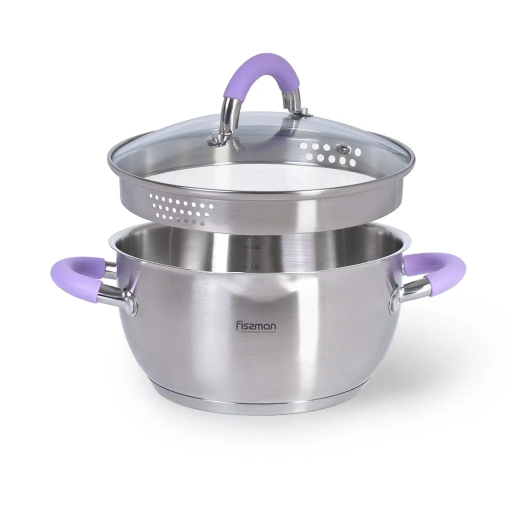 Fissman Stockpot Annette Series 18/10 Inox304 Stainless Steel With Clear Glass Lid. Pouring Lip Strainer With Silicone Handles Silver/Purple 18x9cm/2LTR