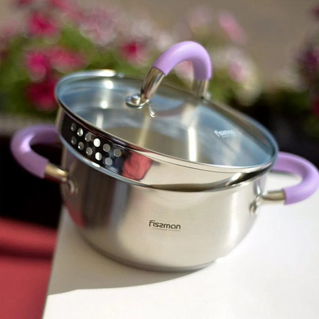 Fissman Stockpot Annette Series 18/10 Inox304 Stainless Steel With Clear Glass Lid. Pouring Lip Strainer With Silicone Handles Silver/Purple 18x9cm/2LTR