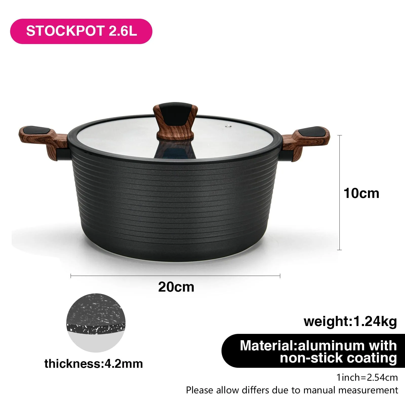 Fissman Stockpot Diamond Series Series With Glass Lid  Aluminum With Non-Stick Coating 20x10cm/2.6LTR Black/Brown