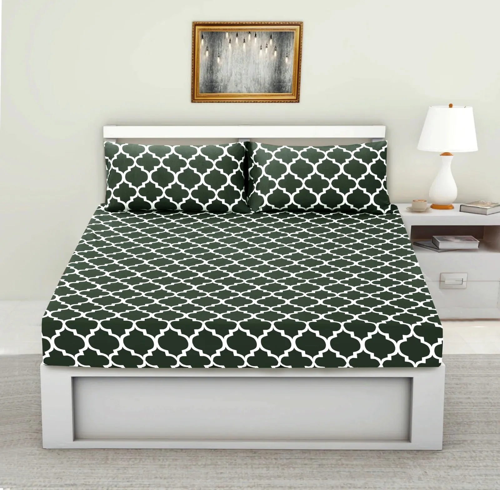 Fitted Bed Sheet-Olive Geometric