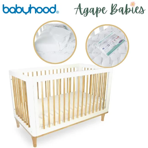 [FOC Assembly] (1 Yr Warranty) Babyhood Riya Cot 5-in-1 White/Beech   Breathe Eze Tm Standard Cot Mattress (Bundle)