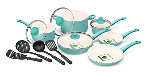 GreenLife Soft Grip 14pc Ceramic Non-Stick Cookware Set, Turquoise