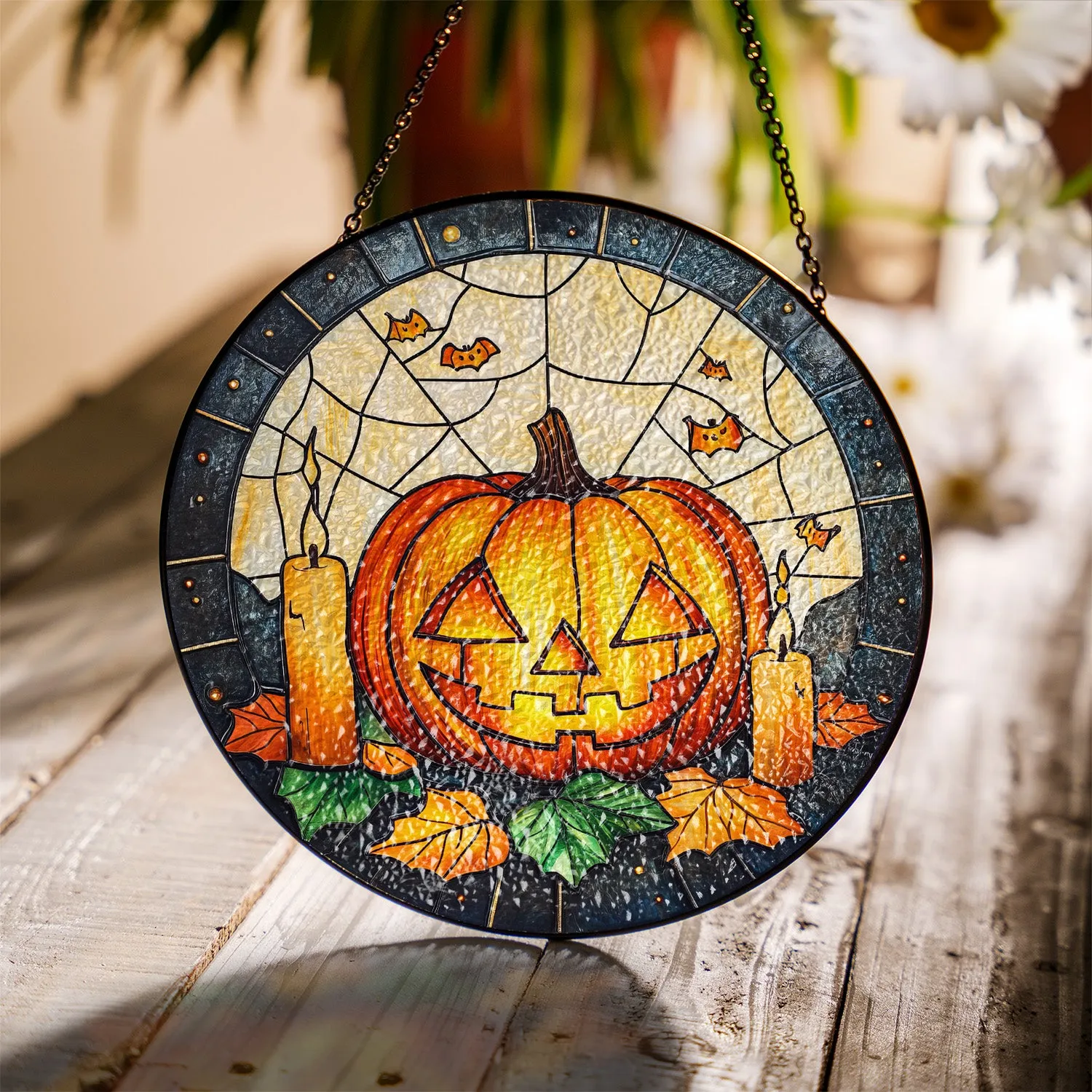 Halloween Stained Glass Suncatcher Collection | Decorative Window Hanging | 2 Sizes | Holiday Decor Accents | Cute Pumpkin