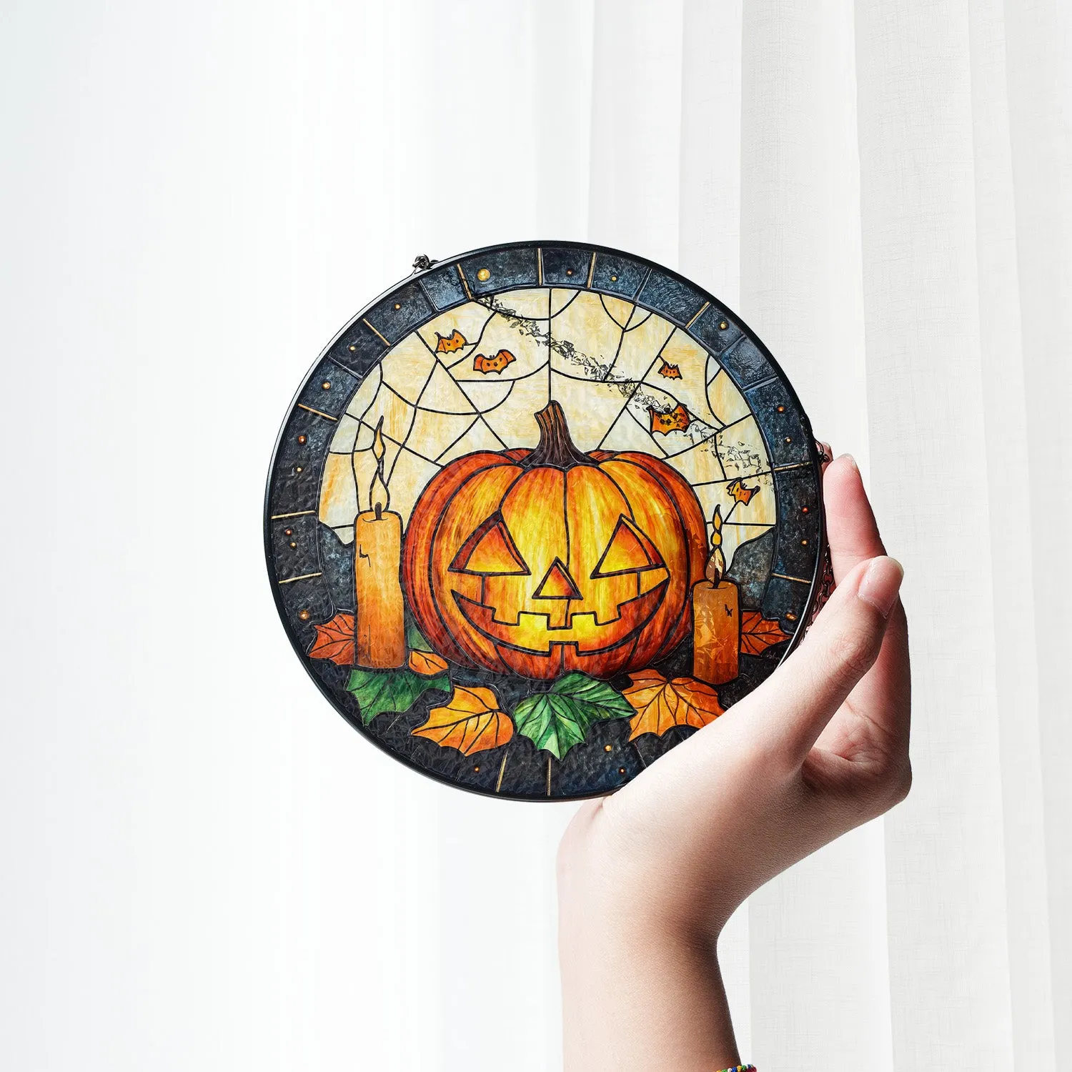 Halloween Stained Glass Suncatcher Collection | Decorative Window Hanging | 2 Sizes | Holiday Decor Accents | Cute Pumpkin