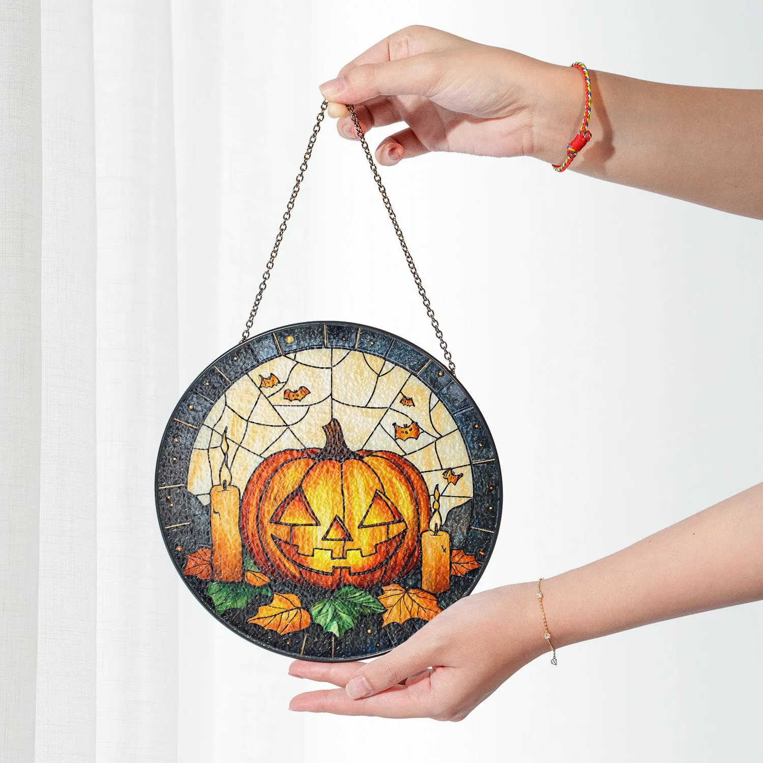 Halloween Stained Glass Suncatcher Collection | Decorative Window Hanging | 2 Sizes | Holiday Decor Accents | Cute Pumpkin