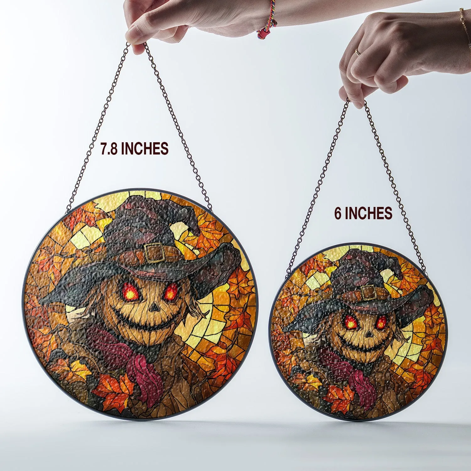 Halloween Stained Glass Suncatcher Collection | Decorative Window Hanging | 2 Sizes | Holiday Decor Accents | Scarecrow