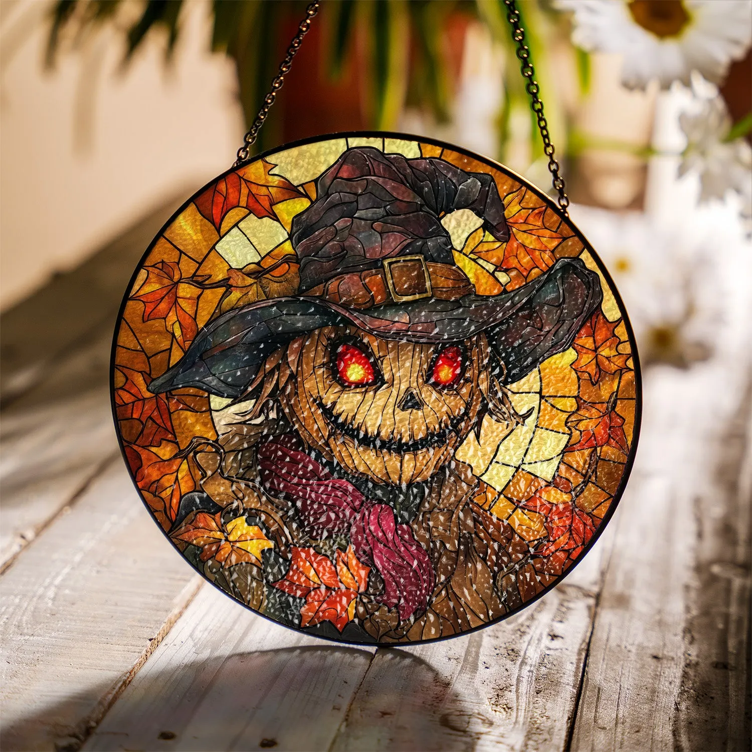 Halloween Stained Glass Suncatcher Collection | Decorative Window Hanging | 2 Sizes | Holiday Decor Accents | Scarecrow